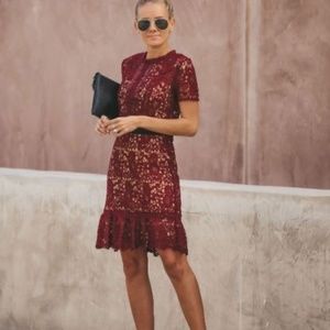 DO + BE Burgundy Wine Embroidered Lace Fit & Flare Knee-Length Cocktail Dress